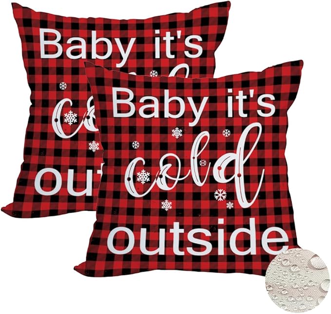 Fukeen Winter Outdoor Merry Christmas Throw Pillow Covers 16x16 Inch Waterproof Red and Black Buffalo Plaids Baby It’s Cold Outside New Year Holiday Cushion Cases Snowflake Decor Double Sided