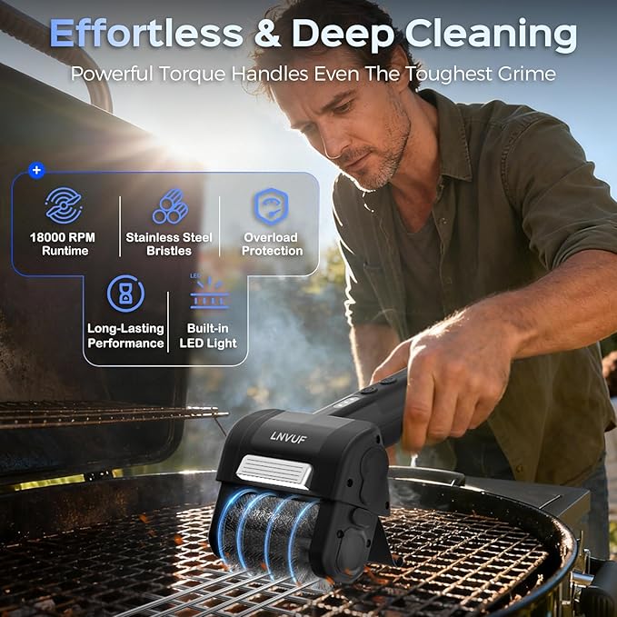 Electric Grill Brush, Grill Cleaner with LED Light, with 800 RPM Motor, 304 Removable Stainless Steel Brush Head, Cordless & Type-C Rechargeable for BBQ, Heavy Duty Grill Cleaning Tool (Black)