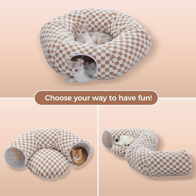 PEQULTI Brown Donut Cat Tunnel Bed Washable Plush Mat Multi for Small Pets | Round play tube with soft detachable plush mat, multi-pet toy fit indoor cats, kittens, puppies, rabbits and ferrets