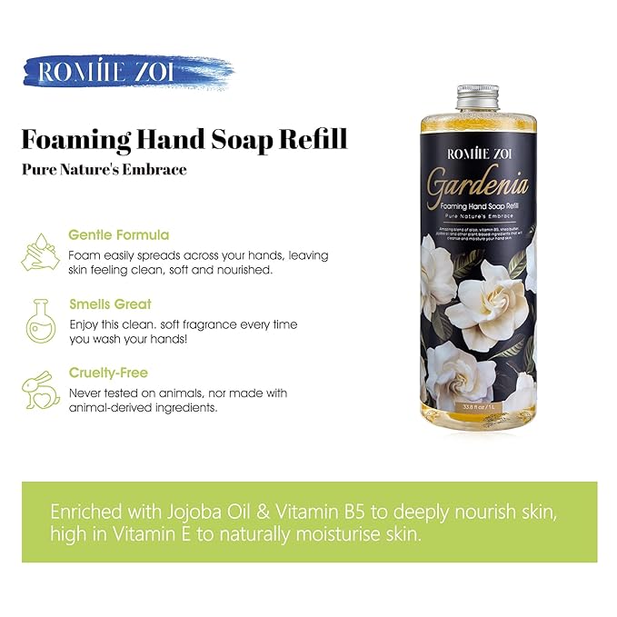 ROMIIE ZOI Foaming Hand Soap Refill, Gardenia, Gentle & Moisturizing Formula, 1 L/ 33.8 FL OZ
