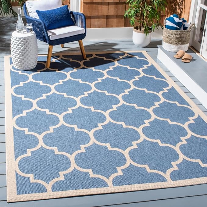 SAFAVIEH Washable Rug Outdoor Courtyard Collection - 6'7" Square, Blue & Beige, Non-Shedding & Easy Cleaning, Ideal for Patio, Backyard, Mudroom (CY6914-243)