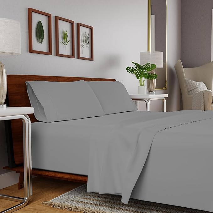 SUPREME ELEGANCE Organic 100% Cotton Percale Twin Sheet Set, Mist Gray, Twin Bed Sheets Set, College Dorm Room Essentials, 14" Deep Pocket, Breathable & Cooling Sheets for Hot Sleepers