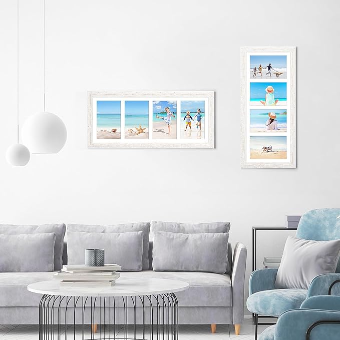 7x17 Collage frame with 4 Openings 4X6 Pictures, Multiple Picture Frame with Mat, Wall or Tabletop Decor, White Wood Grain,2 Pack
