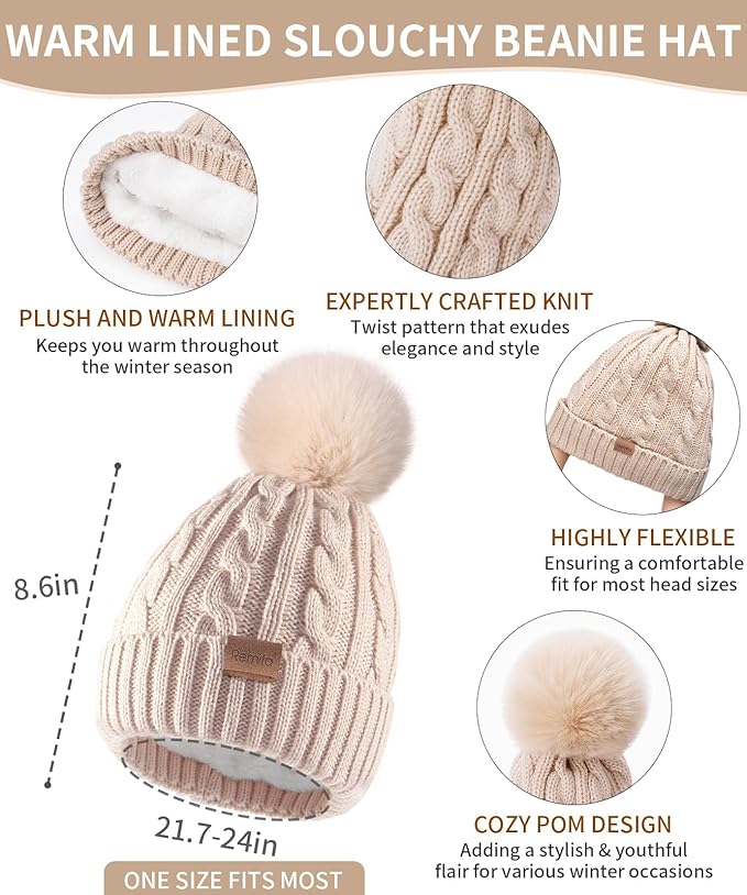 Remifa Winter Hat Scarf Gloves Set for Women, 3 PCS Beanie Hat Touchscreen Glove Long Neck Kint Scarf Valentines Gifts