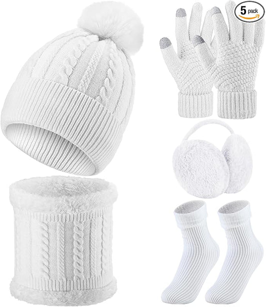 SATINIOR 5 Pcs Winter Hat Scarf Gloves Set Fleece Lined Knit Beanie Hat Warm Touch Screen Gloves Earmuff Warmer for Women(White,Beauty Style)