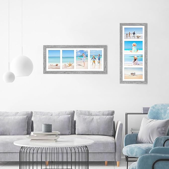 7x17 Collage frame with 4 Openings 4X6 Pictures, Multiple Picture Frame with Mat, Wall or Tabletop Decor, Grey Wood Grain,2 Pack