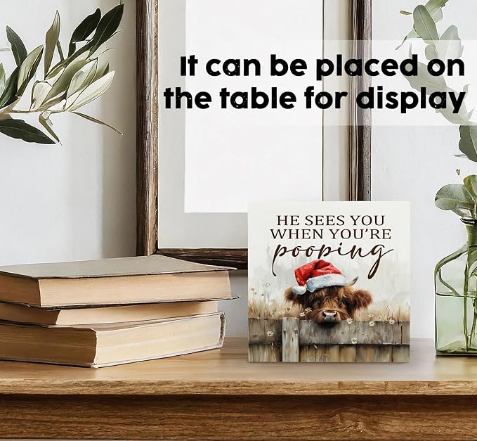 Christmas Highland Cow Bathroom Decor Sign - Farmhouse Western Christmas Animal Bathroom Decor,Rustic Farm Animal He Sees You When You're Pooping Signs,Highland Cow Gifts for Women