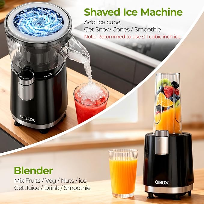 QIBOX Snow Cone Machine & Smoothie Blender 2 in 1, 700W Powerful Shaved Ice Machine Slushine Machine, Healthy Frozen Drink Maker with Stainless Steel Blade & Smoothie Recipe, for Home Kitchen Party