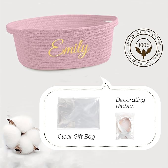 HUTARIO Personalized Woven Christmas Burr Basket Embroidered Name with Gift Bags and Ribbons,Empty Small Rope Basket，Durable Storage Custom Pink Basket with Handles for Baby Showers,12"×8"×5"