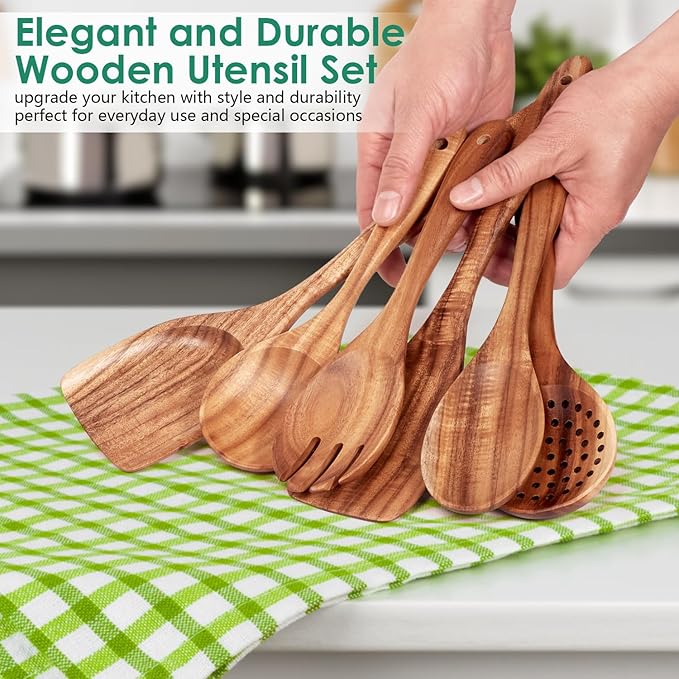 Wooden Spoons for Cooking, 6-Piece Natural Teak Wood Cooking Utensils Set – Wooden Kitchen Utensils Set with Smooth Finish Comfort Grip, Nonstick Safe Non-Toxic Wooden Cooking Tools by HOWHONG