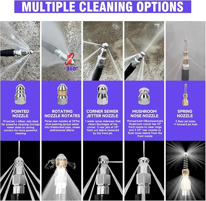 NIFUAL 150FT Sewer Jetter Kit for Pressure Washer, 5800PSI Drain Cleaner Hose 1/4 Inch NPT Corner, Rotating and Button Hose Sewer Jetting Nozzle Waterproof Tape Pearl Corsage Pin Spanner Glove