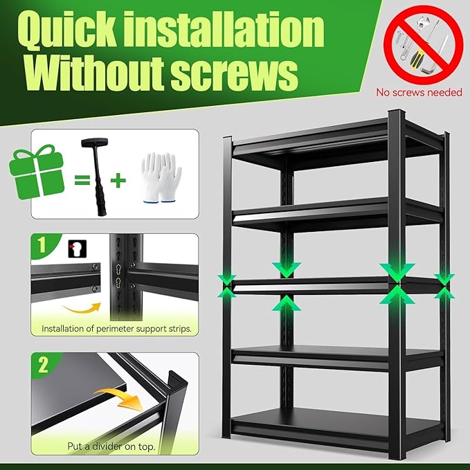 Garage Shelving,Heavy Duty Garage Storage Shelves,Metal Shelving Unit,5 Tier Adjustable Steel Utility Shelf,Use for Basement,Warehouse, Pantry Closet,Black (Steel-72 H*35.4" W*12" D)