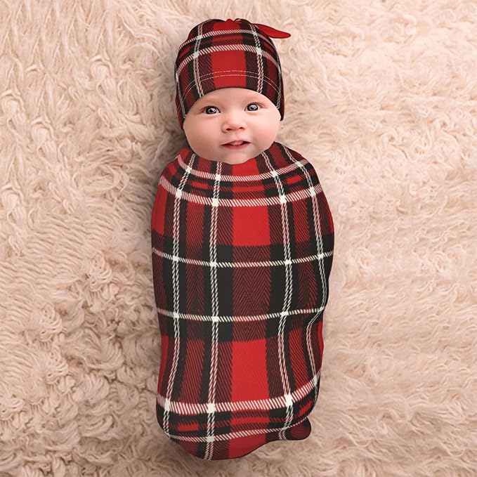 Christmas Baby Swaddle Blanket and Hat Set for Newborn Boys Girls Soft Infant Wrap Sleep 0-6 Months Buffalo Plaid