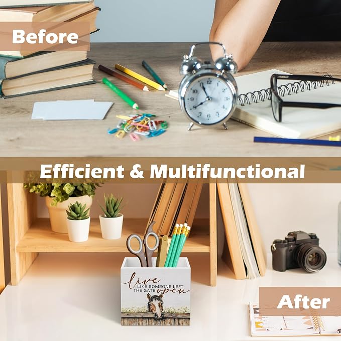 DILSJ Inspirational Horse 1 Compartment Pen Pencil Holder for Desk | Horse Gifts, Live Like Someone Left The Gate Open Wooden Box Signs Organizer for Home Office Desk Tabletop Decoration