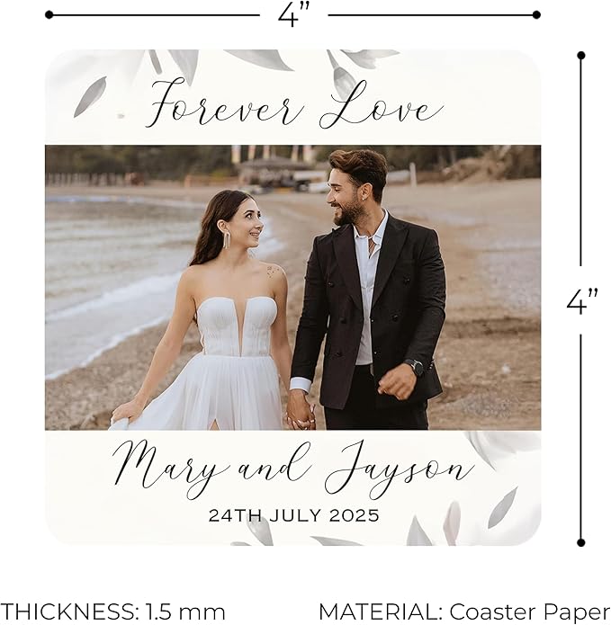 20 Pack Personalized Wedding Coasters, Custom Cardboard Coasters for Drinks with Photo Print and Text, Keepsake Wedding Favors and Gifts for Couples, 4x4 Square, Design 7