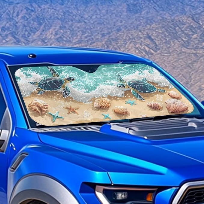Sea Turtle Seashell Windshield Sun Shade Foldable Car Sun Shade Windshield for Front Window Block UV Rays Heat Protection Universal Fit for Most Cars SUV Keeps Your Vehicle Cool