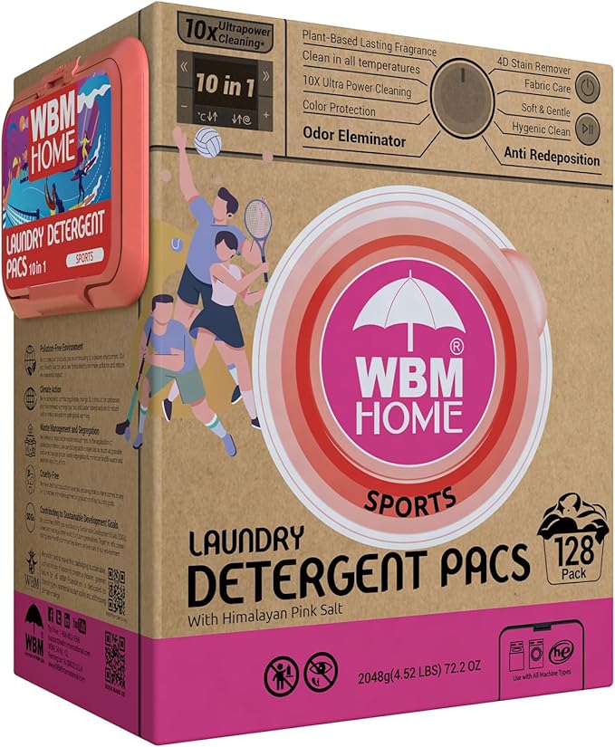 WBM Laundry Detergent Pods, Autumn Scent – 128 Pods in Recycleable Packaging for 10x Ultra Power Cleaning, Odor Defense for Activewear & Sports Shirts