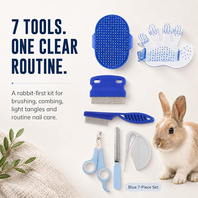 Rabbit Grooming Kit, 7-Piece Bunny Brush and Nail Care, Blue | 7 tools for loose fur, combing, light tangles and nail care; for rabbits, guinea pigs, hamsters and ferrets