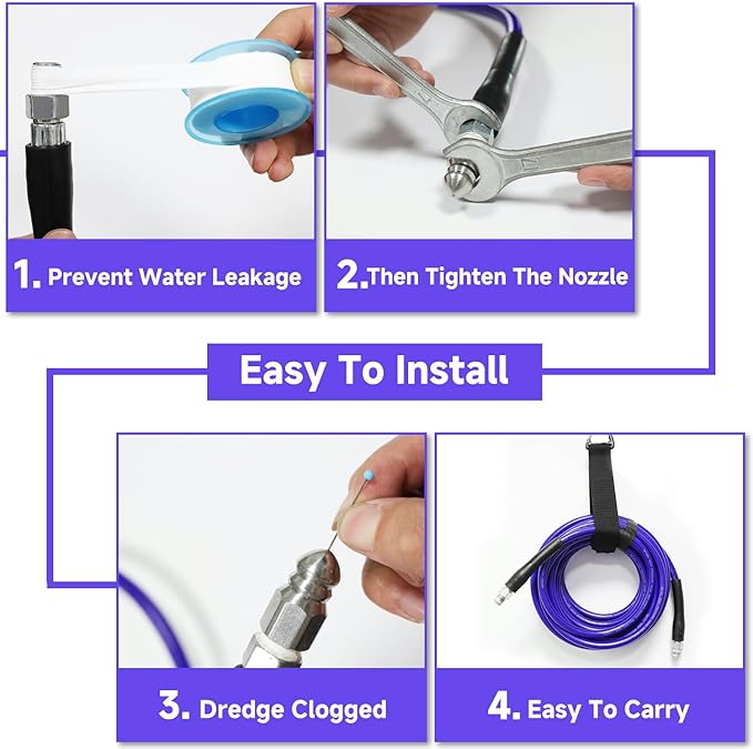 NIFUAL 200FT Sewer Jetter Kit for Pressure Washer, 5800PSI Drain Cleaner Hose 1/4 Inch NPT Corner, Rotating and Button Hose Sewer Jetting Nozzle Waterproof Tape Pearl Corsage Pin Spanner Glove