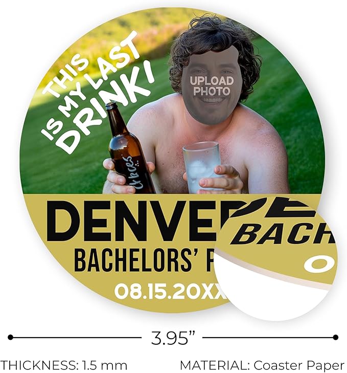 10 Pack Personalized Bachelor Party Coasters, Custom Cardboard Drink Coasters with Photo Print and Text, Fun Bachelor Party Favors and Gifts, 3.95" Round, Design 5