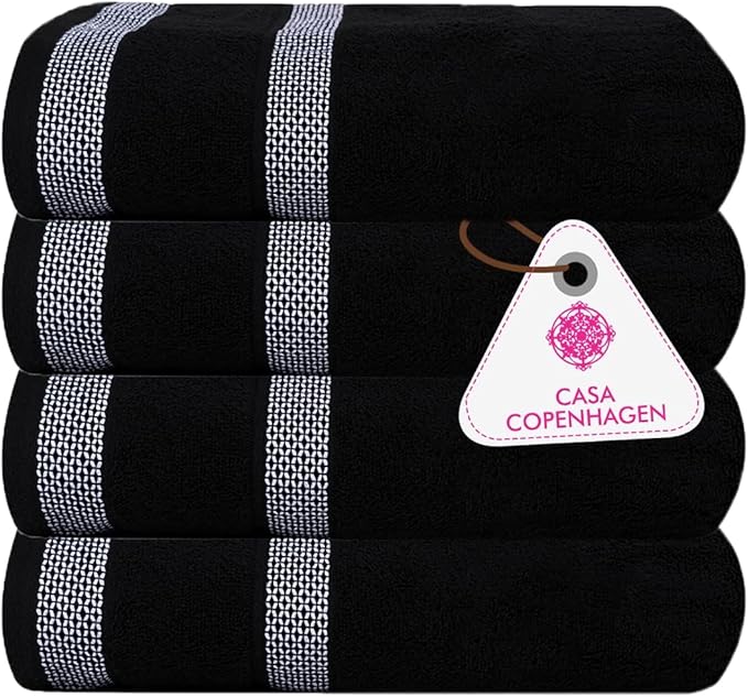 CASA COPENHAGEN, Solitaire 4 Pieces Bath Towel Set- Jet Black, 600 GSM, 27x55 Inches, Designed in Denmark Super Soft Egyptian Cotton Towels for Bathroom & Shower