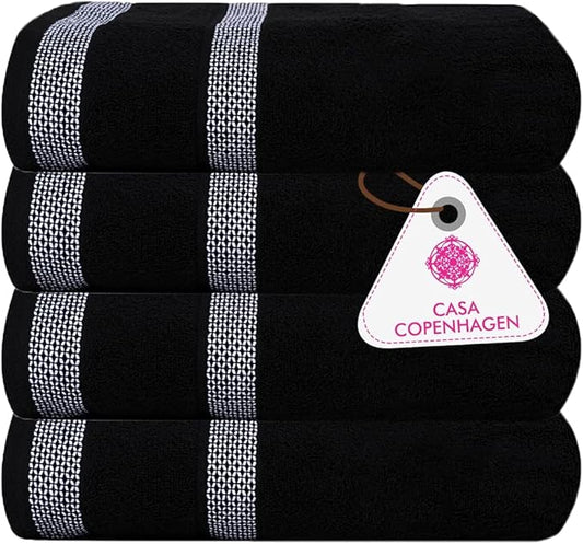 CASA COPENHAGEN, Solitaire 4 Pieces Bath Towel Set- Jet Black, 600 GSM, 27x55 Inches, Designed in Denmark Super Soft Egyptian Cotton Towels for Bathroom & Shower