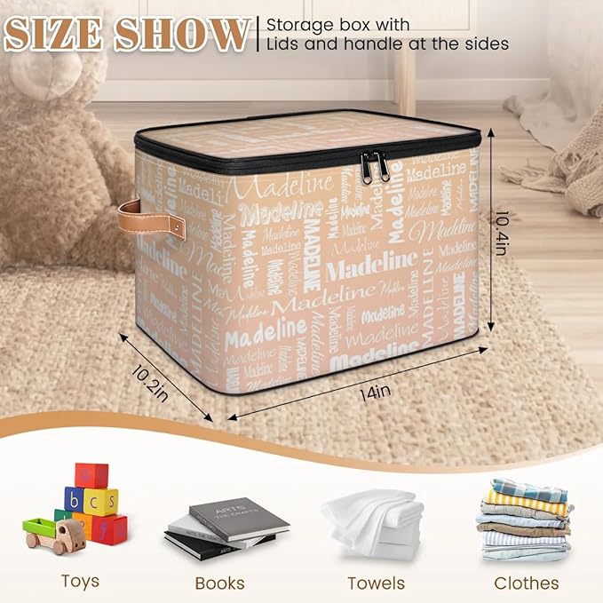 Custom Storage Basket with Name, Personalized Keepsake Box with Zipper Lid, Foldable Fabric Memory Bin Large capacity with Handle Apricot