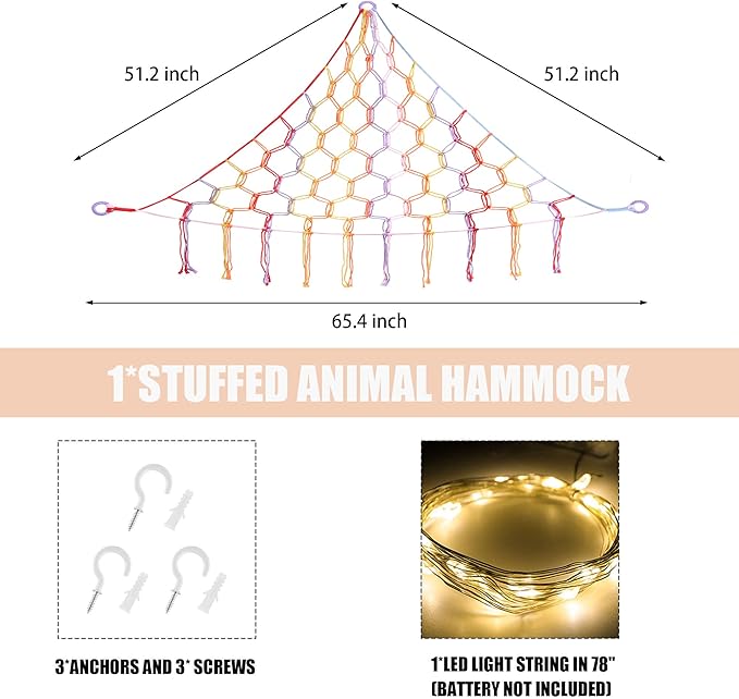 CERETIA Stuffed Animal Hammock with LED Light, Large Stuffed Animals Storage Corner Plushie Net for Kids Room Decor, Jumbo Rainbow