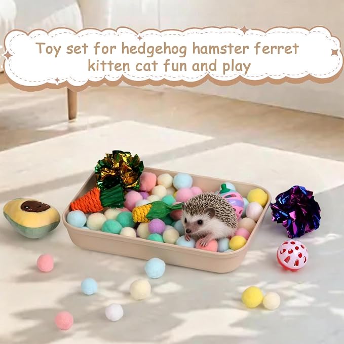 Hedgehog Accessories, Dig-Box Tray for Hedgehog Cage with Ball Toy, Small Animal Accessories Funny Dig-Box Tray Toys for Hedgehogs, Ball Bell Toy for Ferret Kitten Cat Hamster (Colorful)