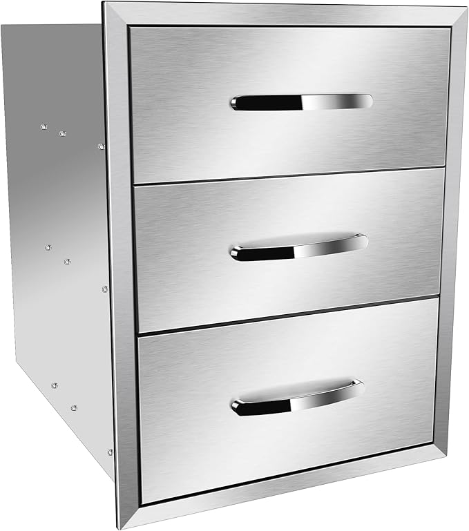 Outdoor Kitchen Drawers Stainless Steel 20W X 27H X 23D Inch, Flush Mount Triple BBQ Island Drawers with Handle for Outdoor Kitchens, Patio or Grill Station