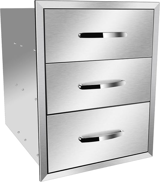 Outdoor Kitchen Drawers Stainless Steel 20W X 27H X 23D Inch, Flush Mount Triple BBQ Island Drawers with Handle for Outdoor Kitchens, Patio or Grill Station
