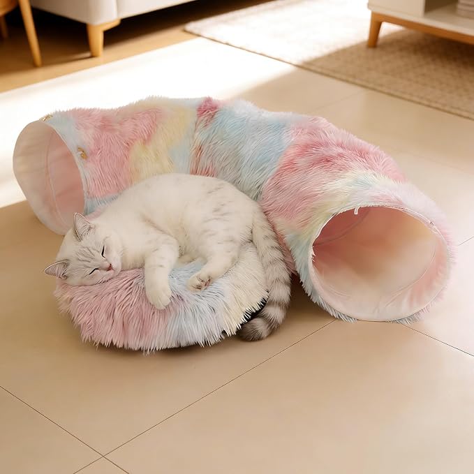 Cat Tunnel with Cat Bed for Indoor Cats, Under Christmas Tree Soft Plush Peekaboo Cat Cave Donut Tunnel, Multifunctional Playground Toys Hideplace for Kittens, Rabbit, Ferret