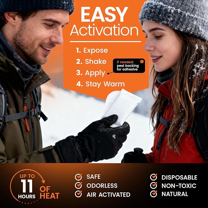 Hand and Toe Warmers Variety Pack – 100 Piece Set with 30 Pairs Hand Warmers and 20 Pairs Adhesive Toe Warmers – Long Lasting Heat Packs for Cold Weather, Work, Skiing, Travel and Stadium Events
