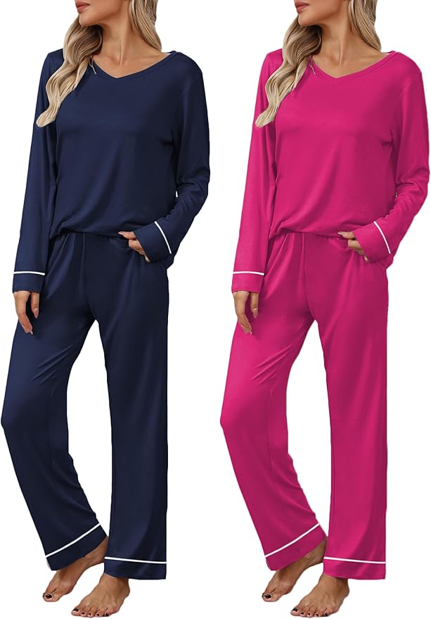 Ekouaer Womens 2 Pack Pajama Set Long Sleeve Pajamas Top and Pants V Neck Pjs Set Soft Loungewear with Pockets