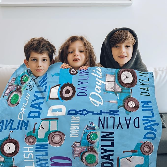 Personalized Tractors Blanket - Custom Name with Farm Tractor Trucks Design - Soft Plush Flannel Bed Blanket for Baby Kid Teen Boys Girls Customized Gifts Light Blue