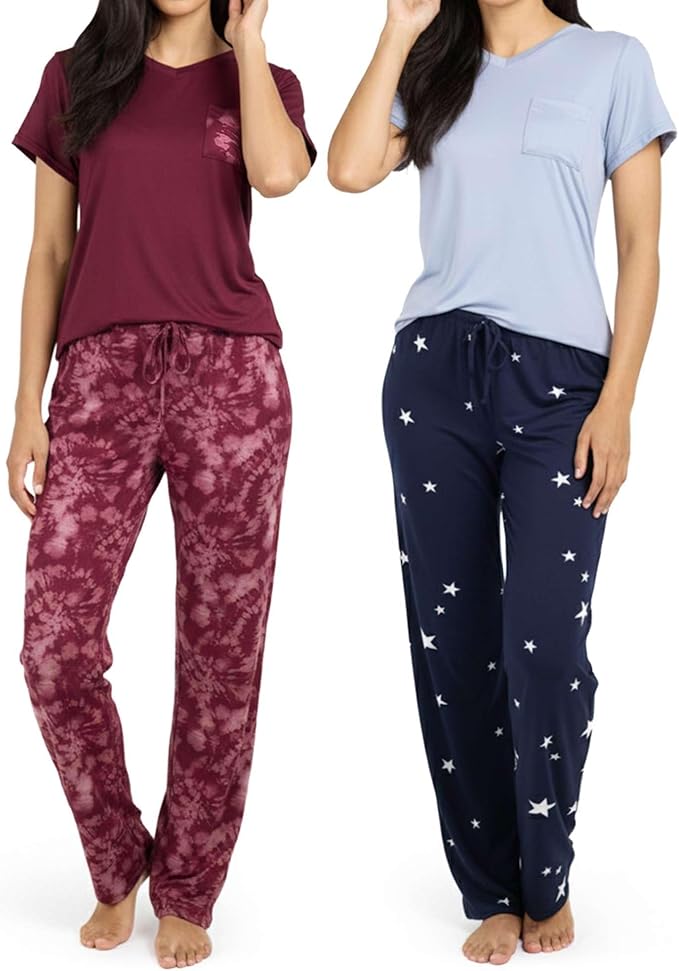 Real Essentials 2 Pack: Women's Comfy Pajama Sets - Short & Long Sleeve Ladies Loungewear Sleepwear PJs (Available In Plus)
