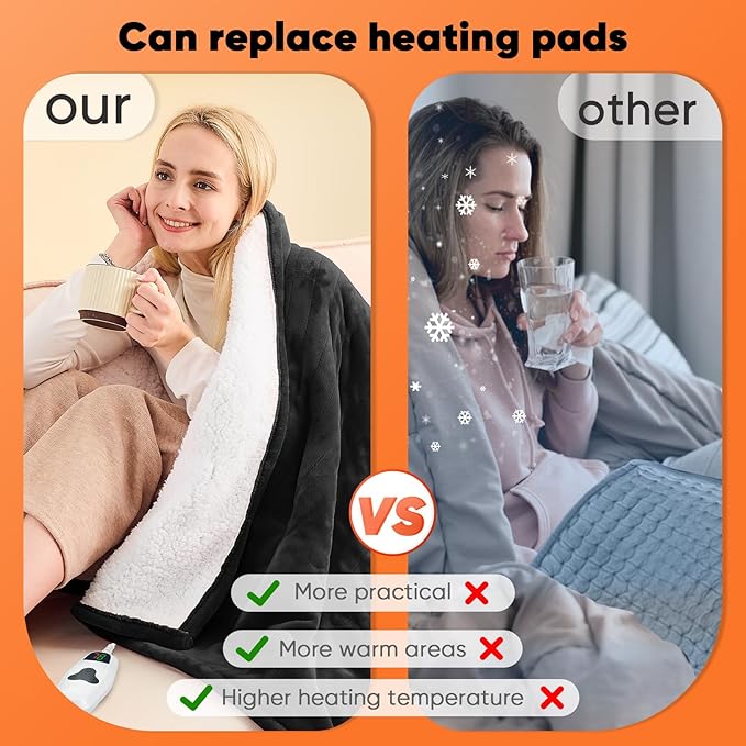 greenoak Heated Blanket Electric Twin 62"X84", Heating Blanket with 10 Heat Levels 1/2/4/6/8 Hours Auto-Off, Soft Flannel Sherpa Warm Heater Christmas Blanket, Lacquered Black