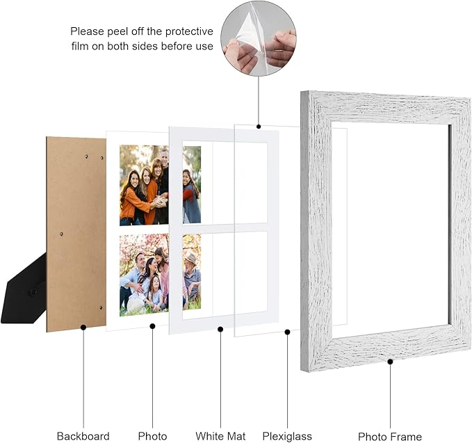 8.5x11 Picture Frame Display 2 opening Double 5x7 Picture Frame Collage,Multi Photo Frame with Mat,Plexiglass,Horizontal and Vertical Formats for Wall Decor,Distressed White Wood Grain