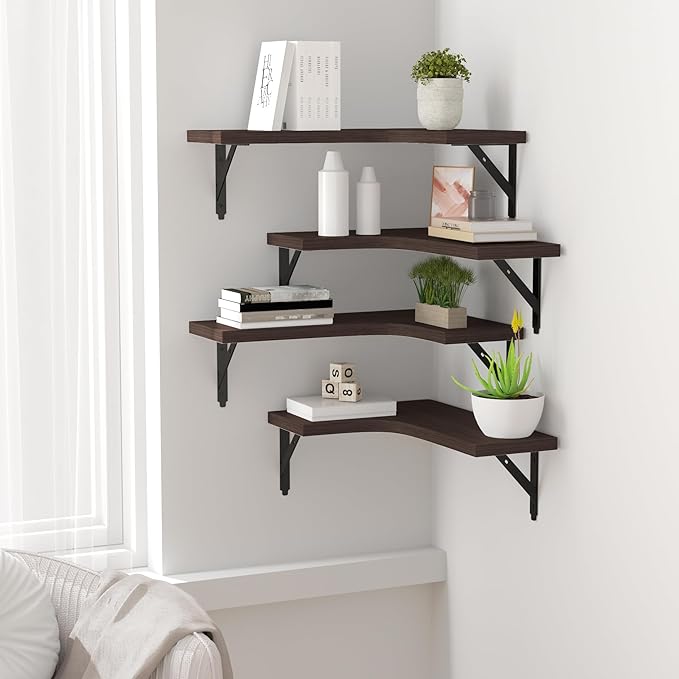 ROMGUAR CRAFT Corner Floating Shelves Wall Mounted Set of 4, Rustic Wood Storage Display Wall Shelves for Home Decor, Bathroom, Kitchen, Bedroom, Living Room, Office (Brown)