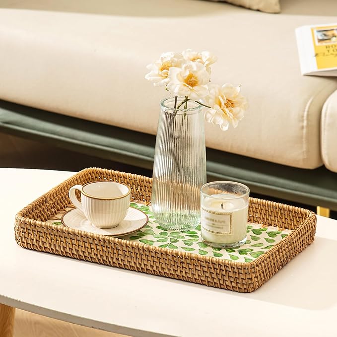 Set of 3 Rectangle Rattan Trays for Decor, Coastal Wicker Serving Tray, Hand-Woven from Natural Rattan with Mother of Pearl Inlay, Boho Woven Decorative Trays for Bathroom Kitchen Counter, Entryway