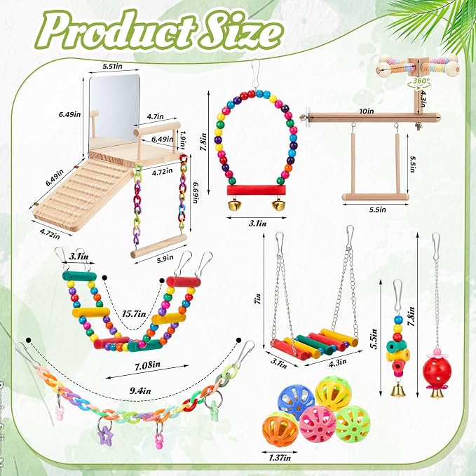 13 Pcs Bird Parakeet Toys, Bird Perch Platform Swing Mirror Ladder with 360° Spin Function, Hanging Parakeet Swing Birds Cage Accessories Toys for Cockatiel Lovebird Parrot