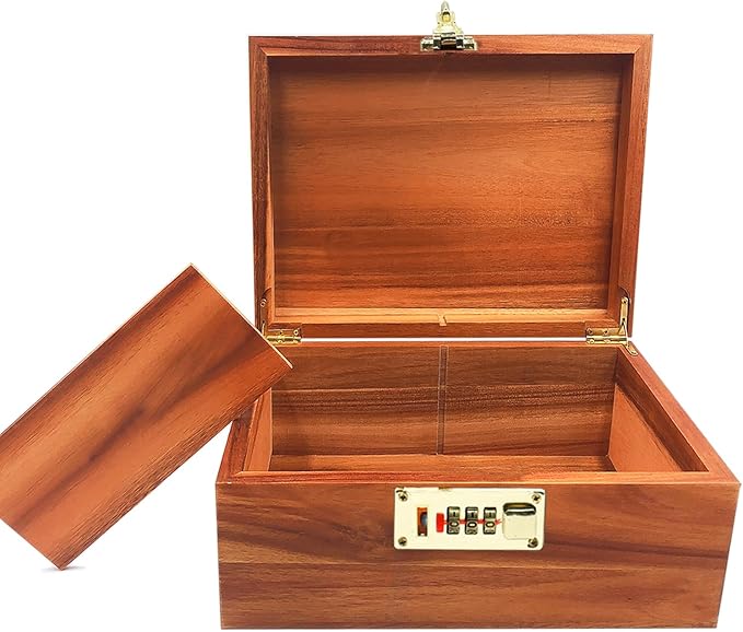 Large Wood Box Decorative Acacia Wooden Storage Box with Combination Lock With Adjustable Divider Wooden Keepsake Box with Hinged Lid Chest Stash Boxes Decorative Lockable Chest Box(Secret Grid)
