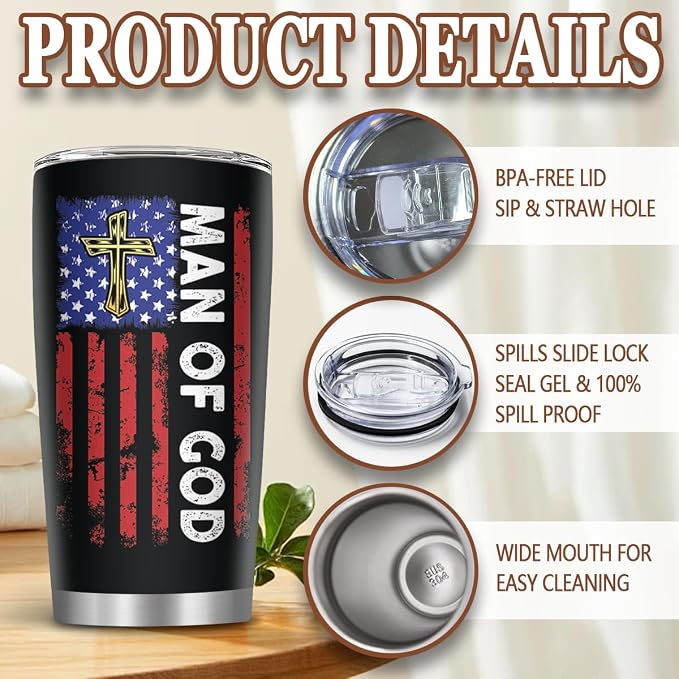 Christian Gifts, 20oz Stainless Steel Man of God Tumblers with Straw, Pastor Gift for Thanksgiving Christmas, Catholic Religious Inspirational Pastor Bible Gift, Christian Tumbler, 1 PCS