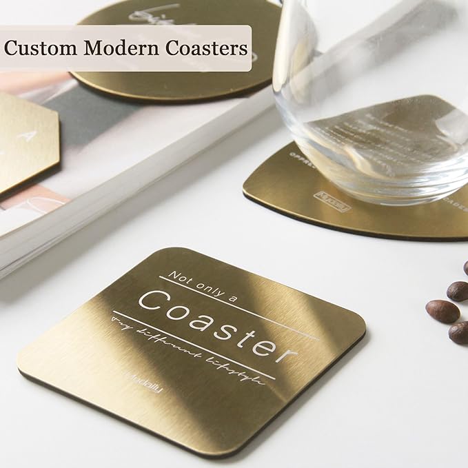 Personalized Coasters,Stainless Steel Coaster with Sponge Bottom,Engraved Drink Coasters with Logo/Name, Modern Coasters for Restaurant, Bar, Housewarming or Wedding Gift, Set of 6 (Golden, Square)
