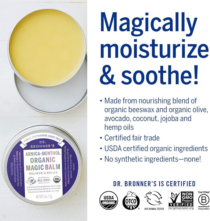 Dr. Bronner's - Organic Magic Balm - Arnica-Menthol, Made w/Organic Beeswax & Hemp Oil, Moisturizes & Soothes Hands, Face, & Body (2 oz, 2-Pack)