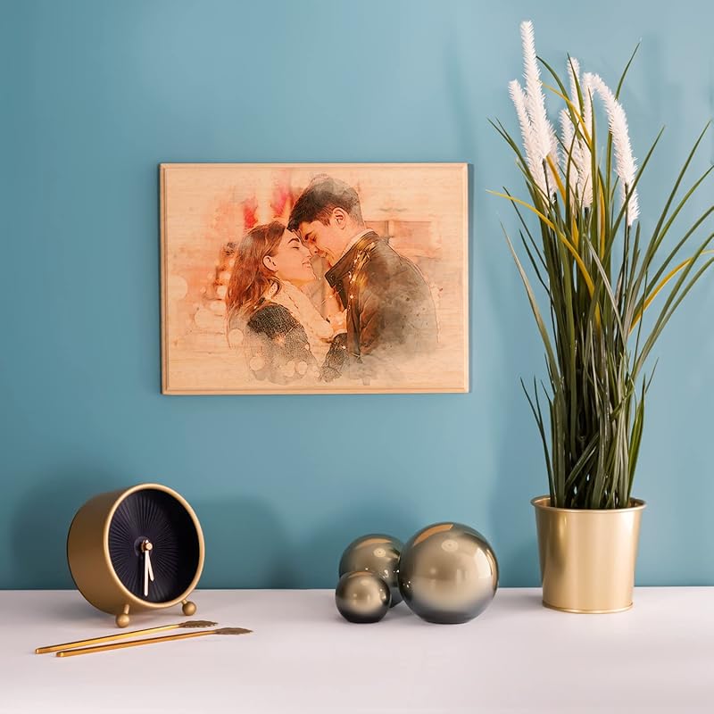 udelf Custom Photo on Wood, Engraved Photo on Wood with Watercolor Style, Custom Wall Art, Personalized Portrait from Photo as Long Distance Gift.