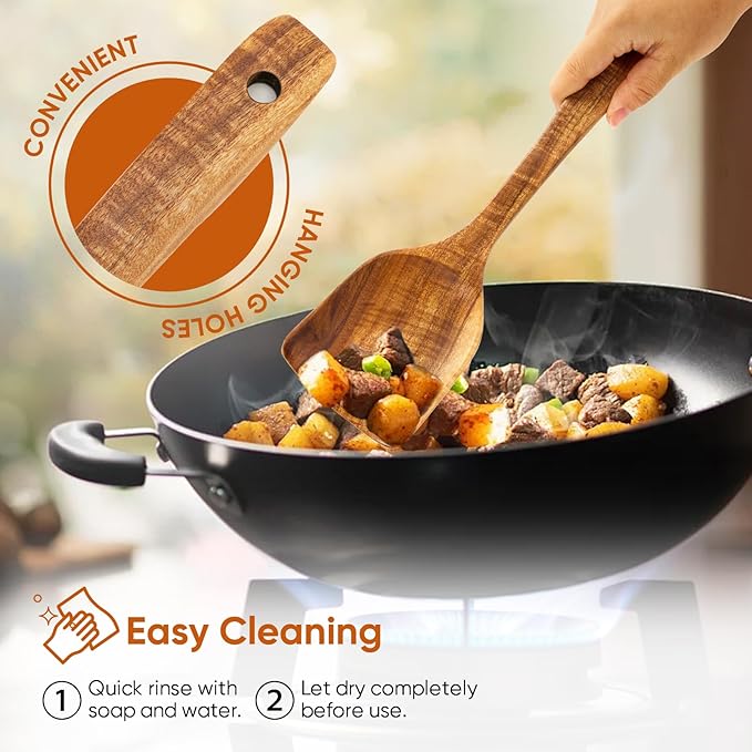 EZuncle 6 Piece Wooden Cooking Spoon Set - Ideal For Non-Stick Pans, Heat Resistant Solid Wood, Smooth Teak Cutlery For a Comfortable grip - Lightweight and Durable - Easy to Clean(6 PCS)