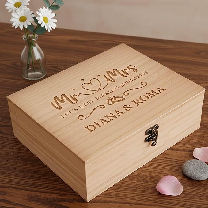 Personalized Large Wooden Keepsake Box with Pine/Walnut, Custom Memory Box for Wedding Gifts, Personalized Gifts for Women/Wife/Couple, Keepsake Storage Decorative Wood Box for Wedding