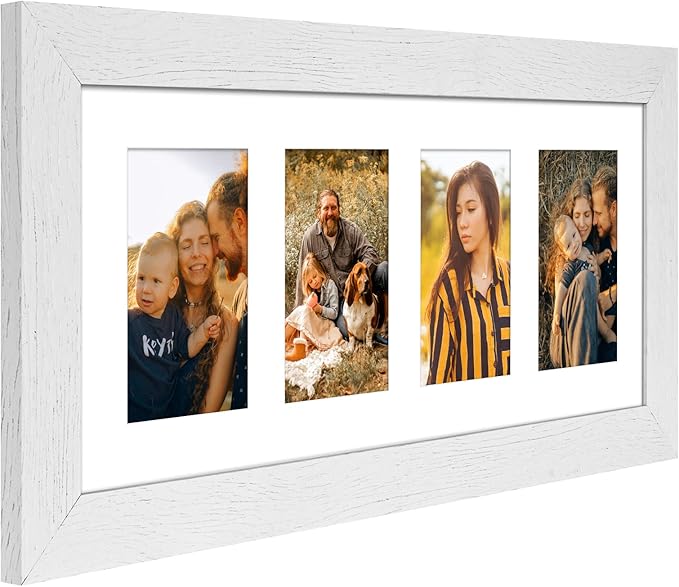 8x20 Picture Frame Display 4 opening 4X6 Picture Frame Collage,Multi Photo Frame with Mat,Plexiglass,Wall or Tabletop Decor,Distressed White Wood Grain
