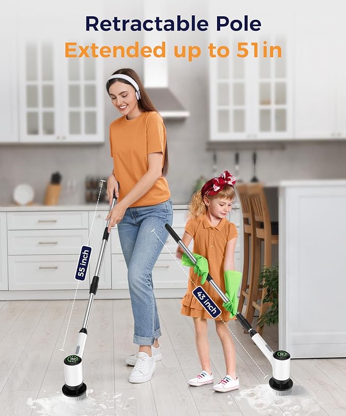 Electric Spin Scrubber, Cordless Cleaning Brush with 7 Replaceable Brush Heads, 2-Speed Adjustable Handle Shower Scrubber, IPX7 Waterproof for Bathroom, Tub, Tile & Floor, Teens, White-qb1